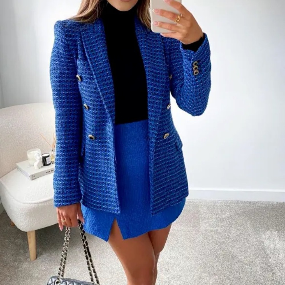 Zara Blogger Fave Textured Double Breasted Blazer in Blue Size XS